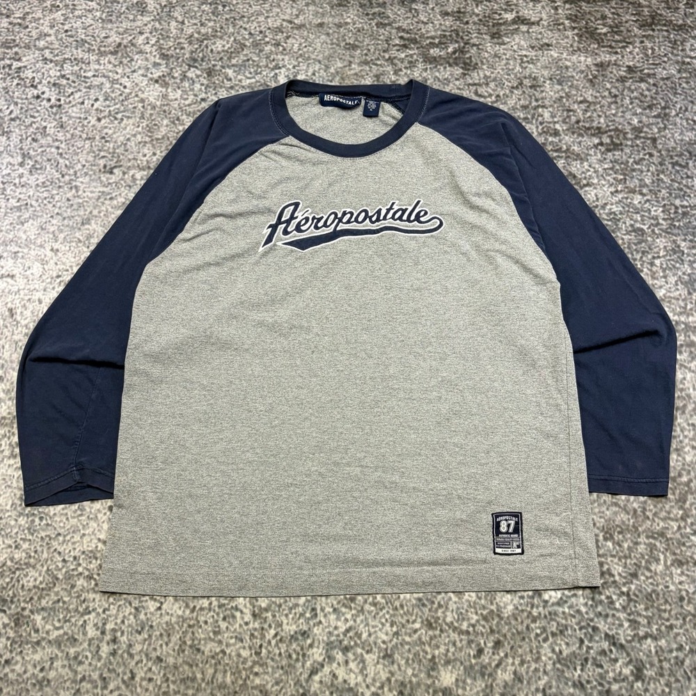 Aeropostale Raglan Shirt Long Sleeve Mens XL Gray Blue Surf Preppy Vintage Y2K